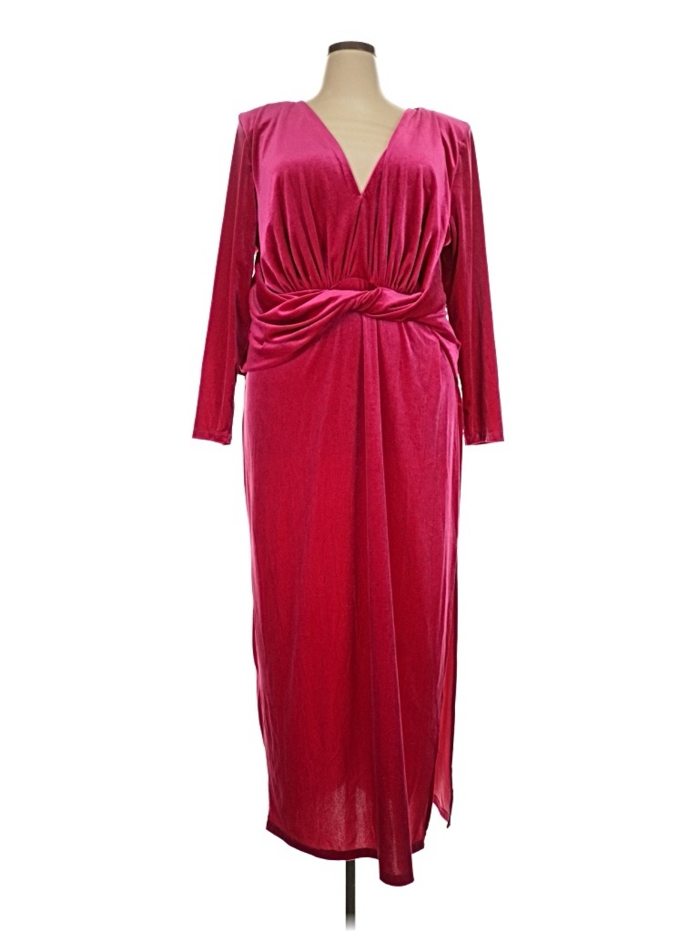 Red Twist-Front Velvet Long Sleeve Maxi Dress